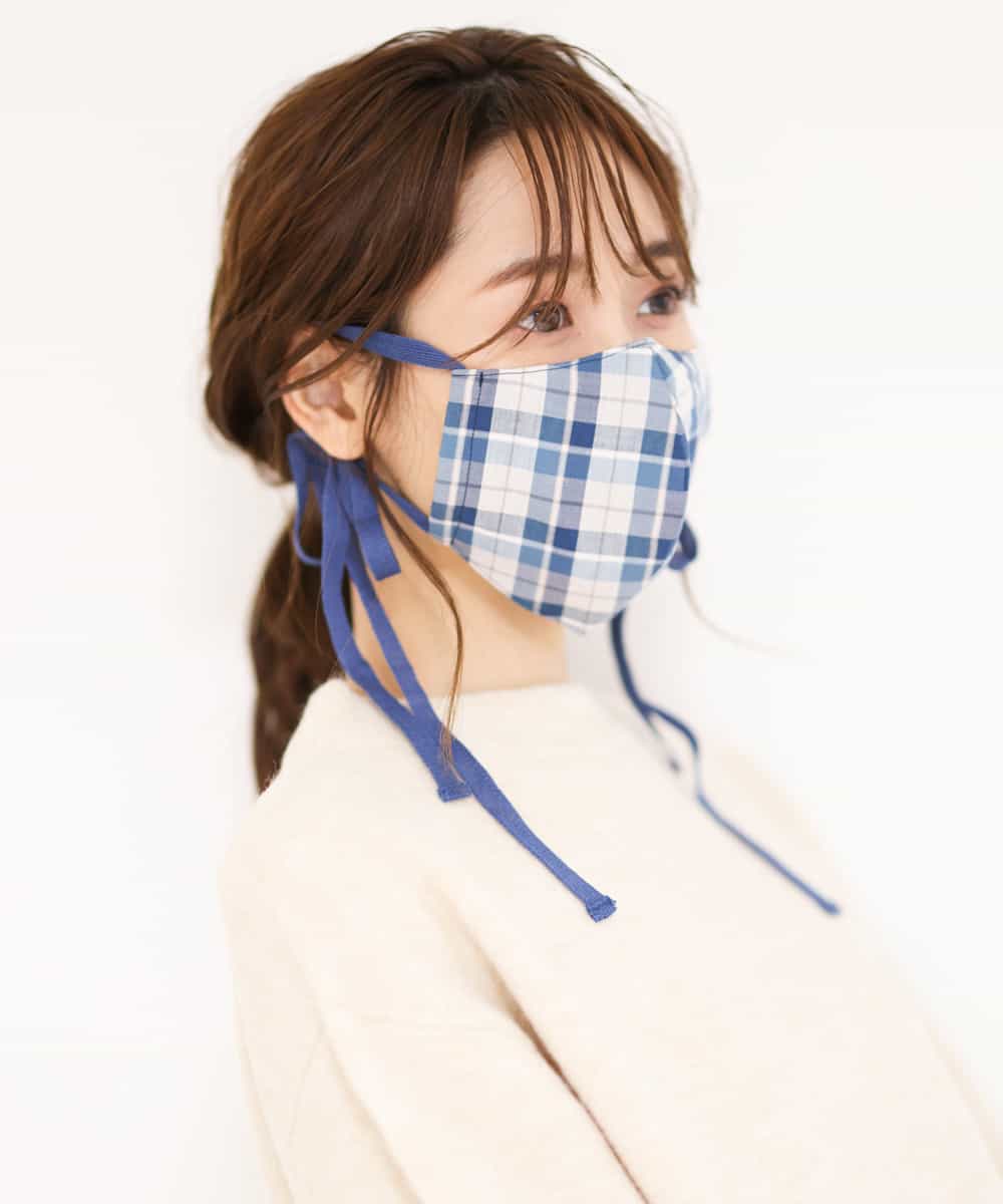 FRYAM03023 MK MICHEL KLEIN(MK ミッシェルクラン) 【返品不可/洗える】リボンマスク（チェック） ブルー