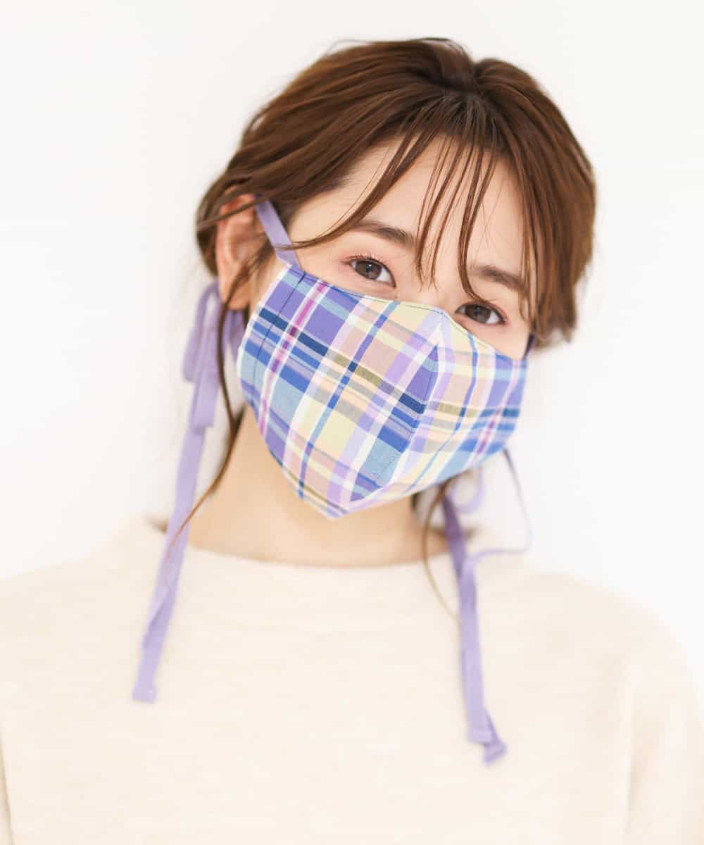 FRYAM04023 MK MICHEL KLEIN(MK ミッシェルクラン) 【返品不可/洗える】リボンマスク（チェック） ラベンダー
