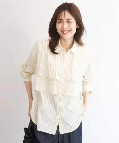 FUBGD01130 MK MICHEL KLEIN ティアードフリルストライプ柄シャツブラウス/洗える