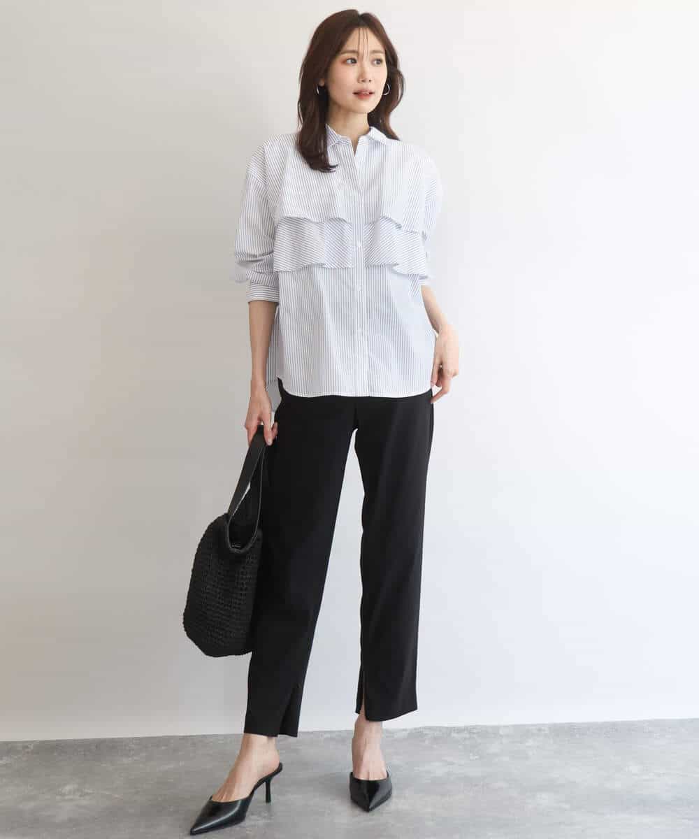 FUBGD01130 MK MICHEL KLEIN(MK ミッシェルクラン) ティアードフリルストライプ柄シャツブラウス/洗える ライトイエロー