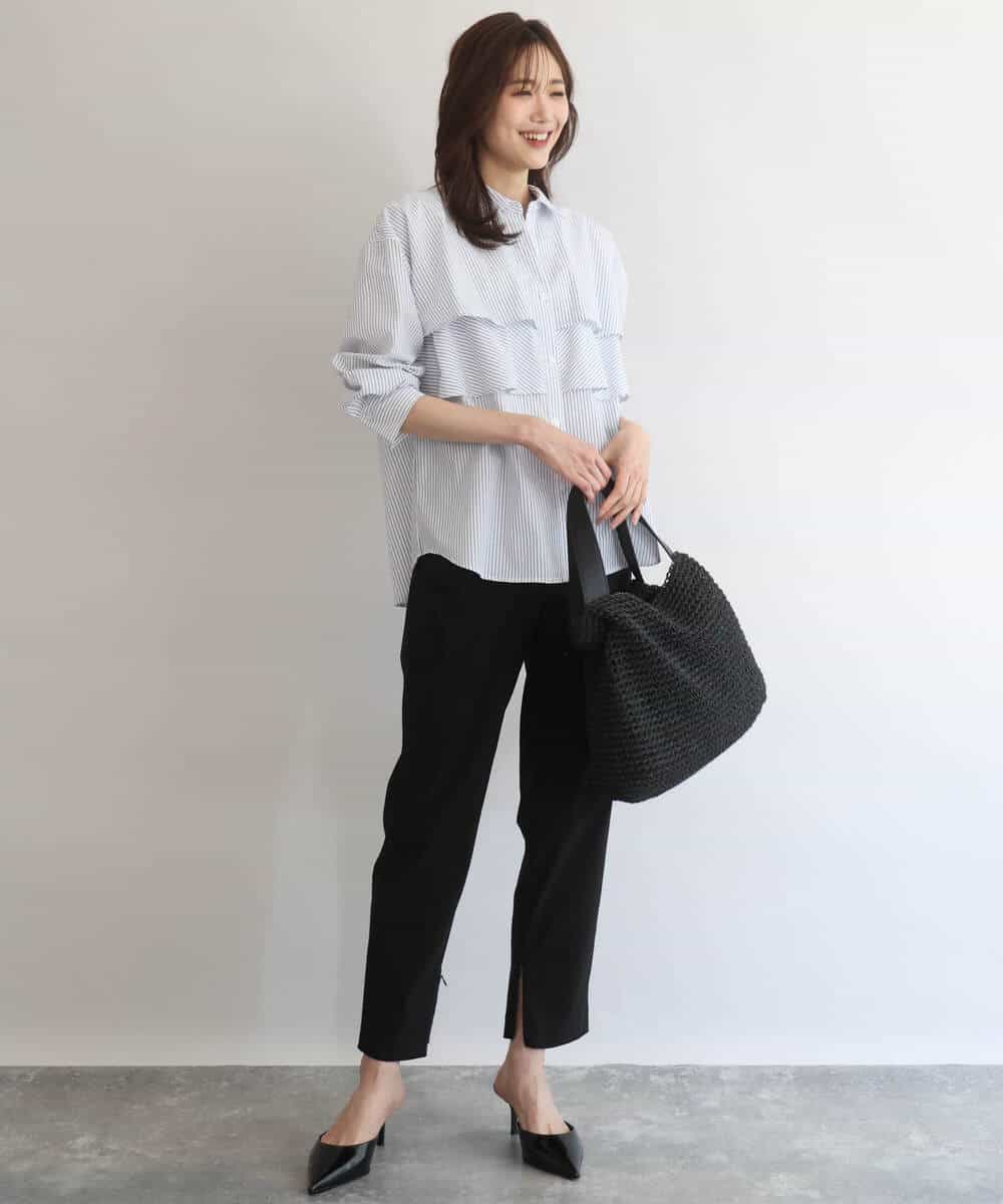 FUBGD01130 MK MICHEL KLEIN(MK ミッシェルクラン) ティアードフリルストライプ柄シャツブラウス/洗える ライトイエロー