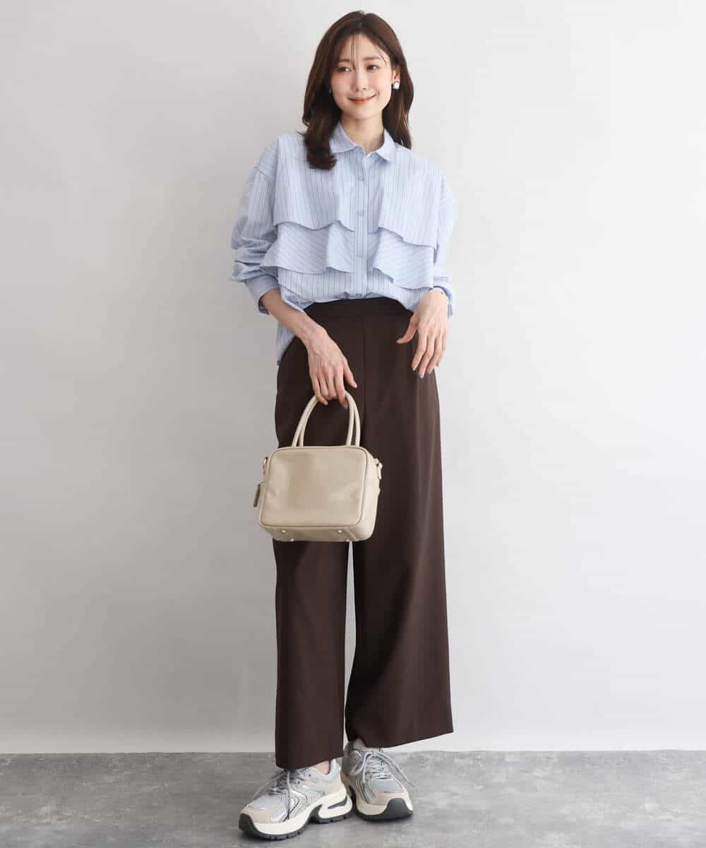 FUBGD01130 MK MICHEL KLEIN(MK ミッシェルクラン) ティアードフリルストライプ柄シャツブラウス/洗える ライトイエロー