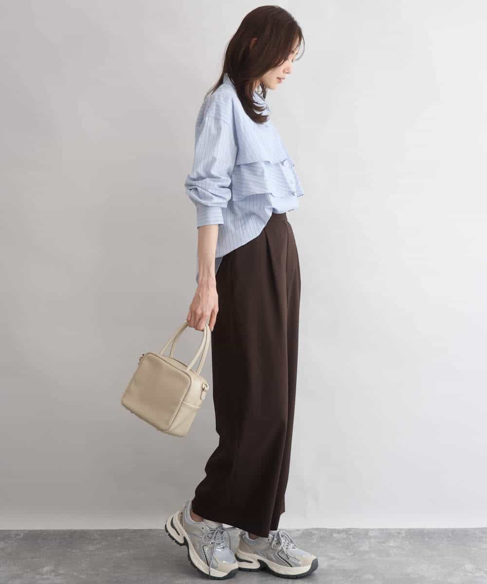 FUBGD01130 MK MICHEL KLEIN(MK ミッシェルクラン) ティアードフリルストライプ柄シャツブラウス/洗える ライトイエロー