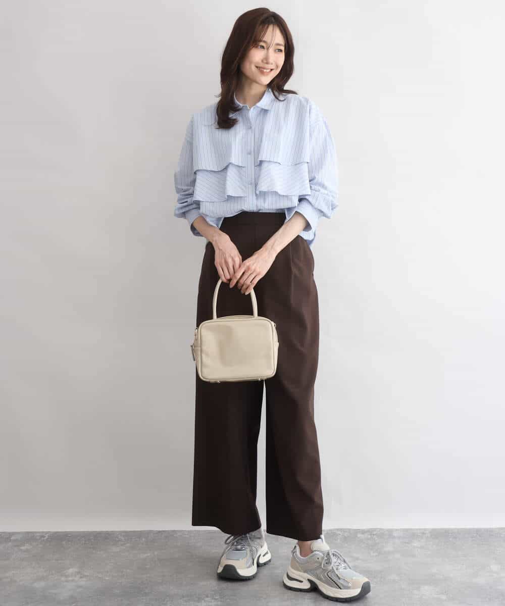 FUBGD01130 MK MICHEL KLEIN(MK ミッシェルクラン) ティアードフリルストライプ柄シャツブラウス/洗える ライトイエロー