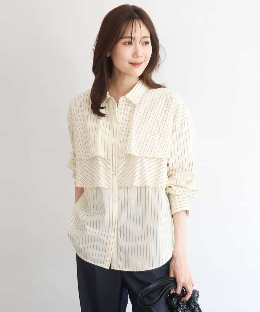 FUBGD01130 MK MICHEL KLEIN(MK ミッシェルクラン) ティアードフリルストライプ柄シャツブラウス/洗える ライトイエロー