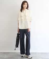 FUBGD01130 MK MICHEL KLEIN(MK ミッシェルクラン) ティアードフリルストライプ柄シャツブラウス/洗える ライトイエロー