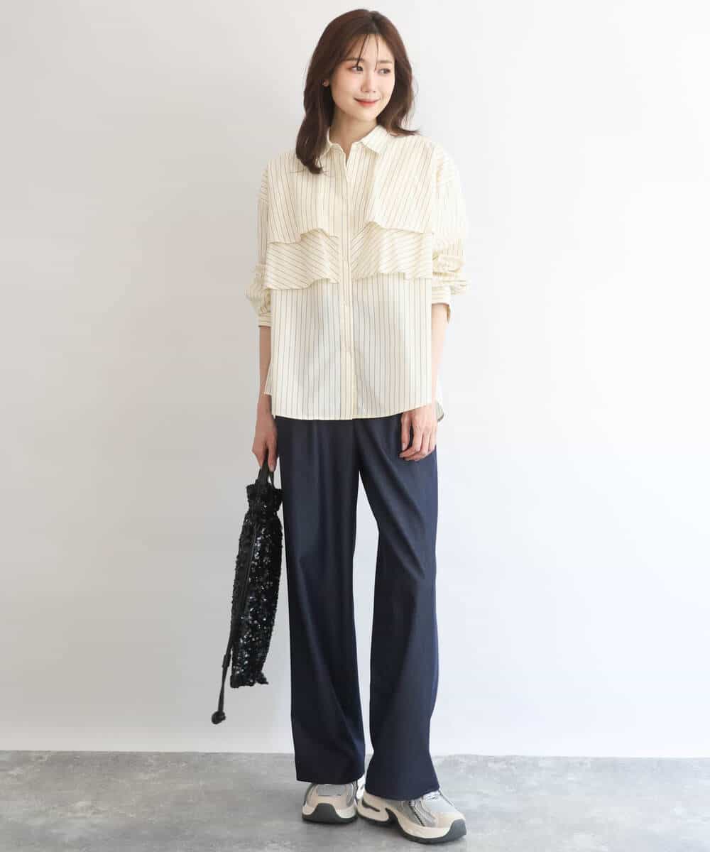 FUBGD01130 MK MICHEL KLEIN(MK ミッシェルクラン) ティアードフリルストライプ柄シャツブラウス/洗える ライトイエロー