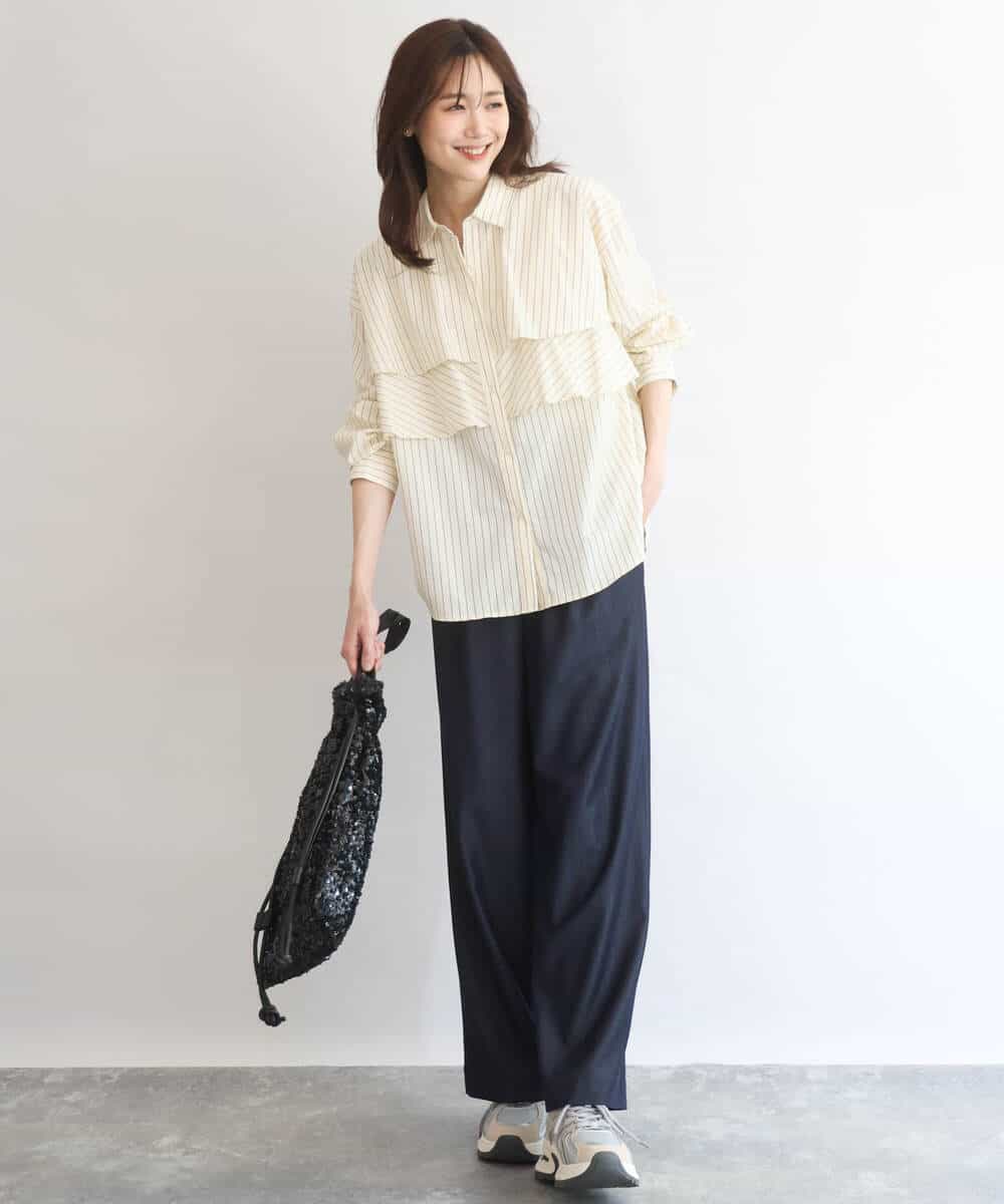 FUBGD01130 MK MICHEL KLEIN(MK ミッシェルクラン) ティアードフリルストライプ柄シャツブラウス/洗える ライトイエロー