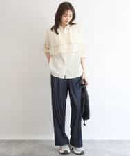 FUBGD01130 MK MICHEL KLEIN(MK ミッシェルクラン) ティアードフリルストライプ柄シャツブラウス/洗える ライトイエロー