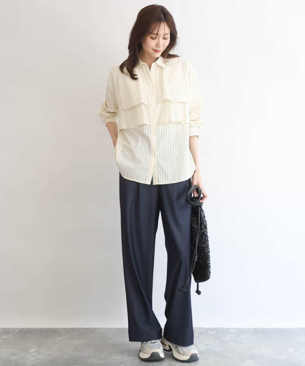 FUBGD01130 MK MICHEL KLEIN(MK ミッシェルクラン) ティアードフリルストライプ柄シャツブラウス/洗える ライトイエロー