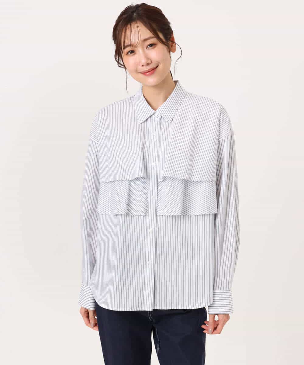 FUBGD01130 MK MICHEL KLEIN(MK ミッシェルクラン) ティアードフリルストライプ柄シャツブラウス/洗える ライトイエロー