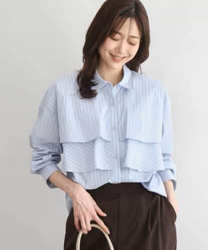 FUBGD01130 MK MICHEL KLEIN ティアードフリルストライプ柄シャツブラウス/洗える