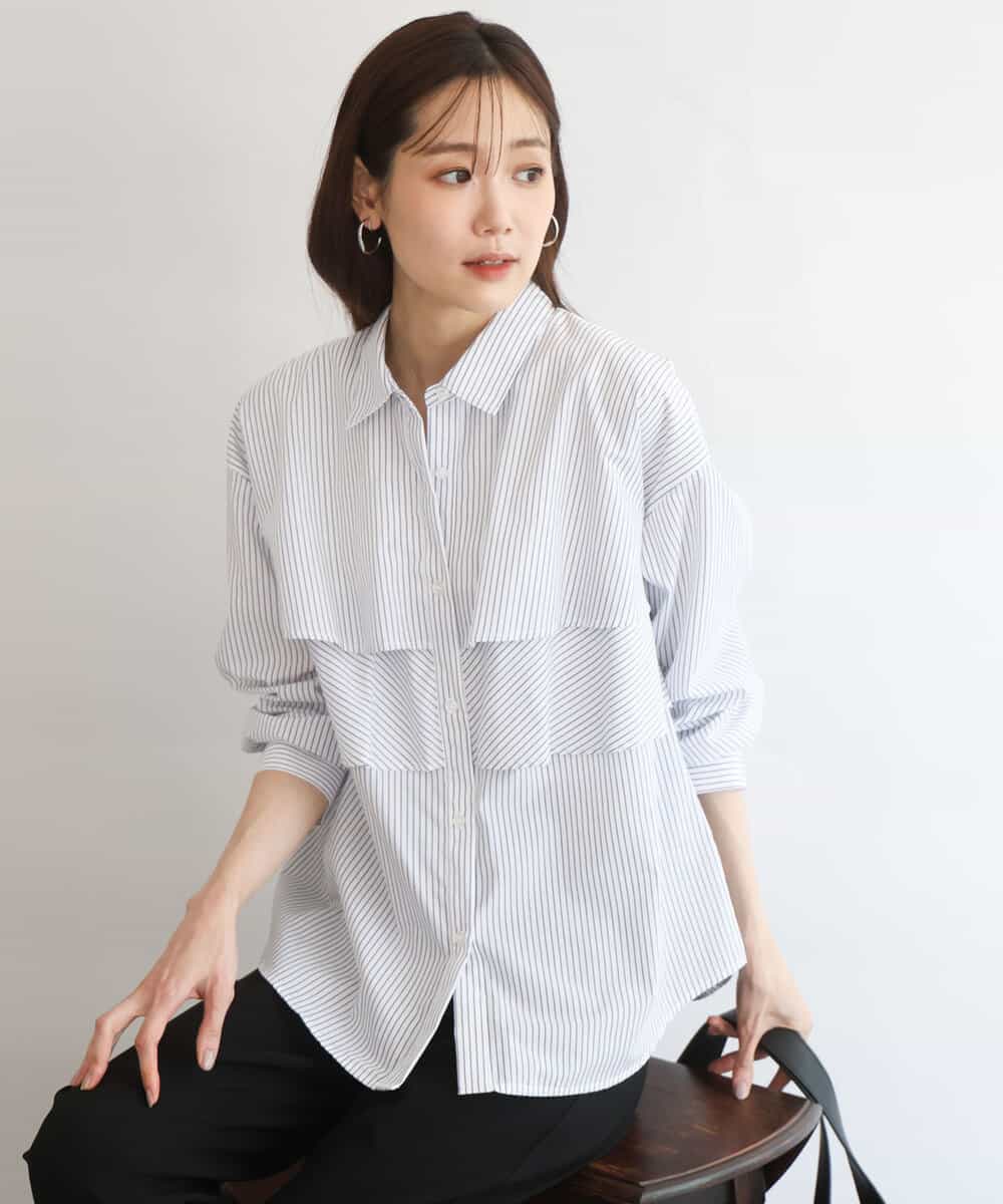 FUBGD01130 MK MICHEL KLEIN(MK ミッシェルクラン) ティアードフリルストライプ柄シャツブラウス/洗える アイボリー