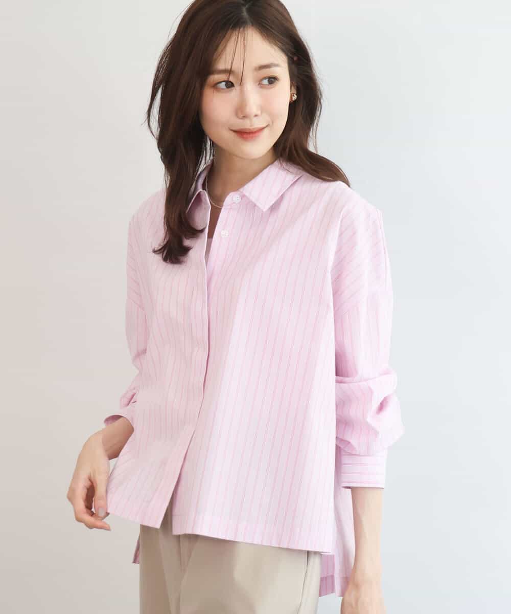 FUBGD02130 MK MICHEL KLEIN(MK ミッシェルクラン) クロップド丈コットンストライプシャツブラウス/洗える ピンク