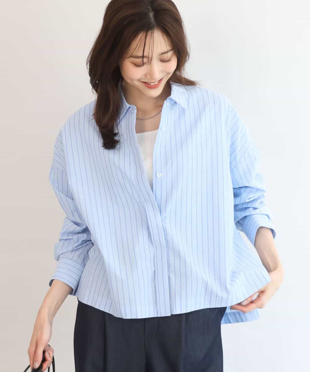 FUBGD02130 MK MICHEL KLEIN(MK ミッシェルクラン) クロップド丈コットンストライプシャツブラウス/洗える ライトブルー