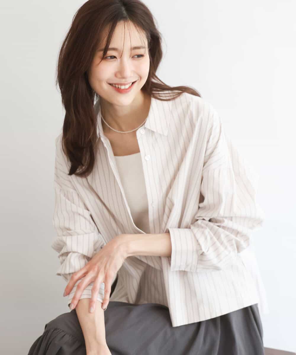 FUBGD02130 MK MICHEL KLEIN(MK ミッシェルクラン) クロップド丈コットンストライプシャツブラウス/洗える ベージュ