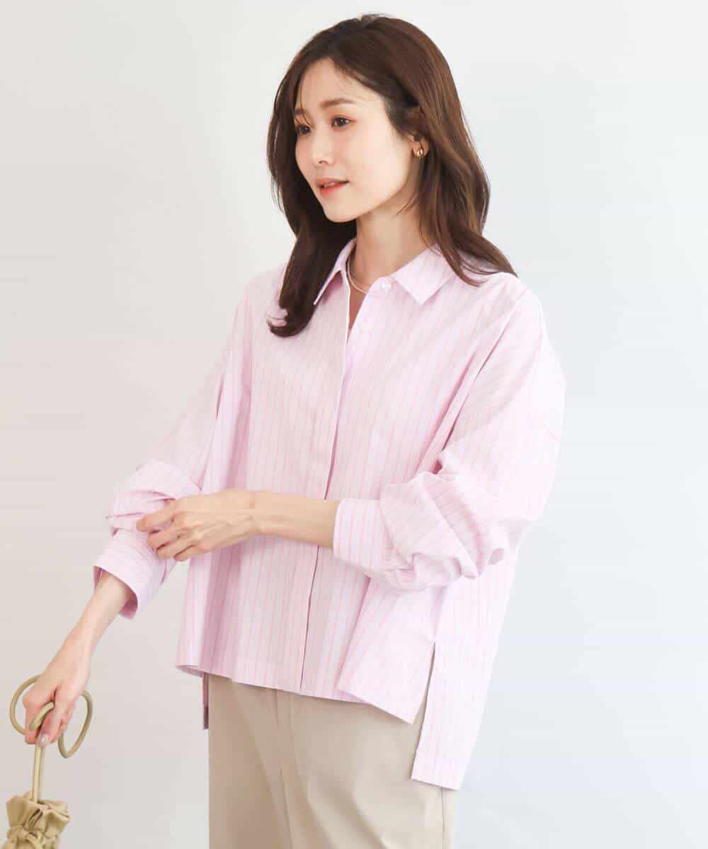 FUBGD02130 MK MICHEL KLEIN(MK ミッシェルクラン) クロップド丈コットンストライプシャツブラウス/洗える ベージュ