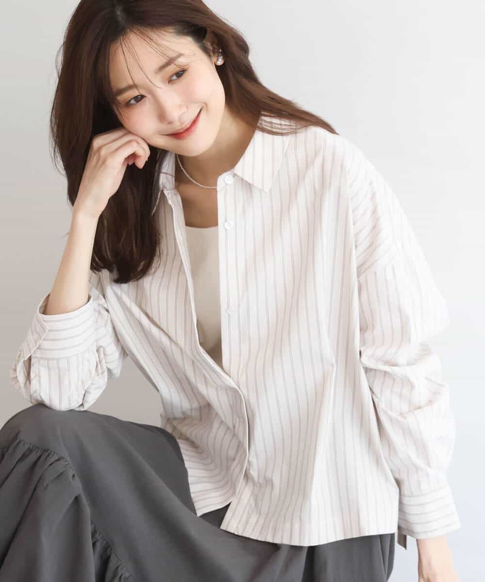 FUBGD02130 MK MICHEL KLEIN(MK ミッシェルクラン) クロップド丈コットンストライプシャツブラウス/洗える ベージュ