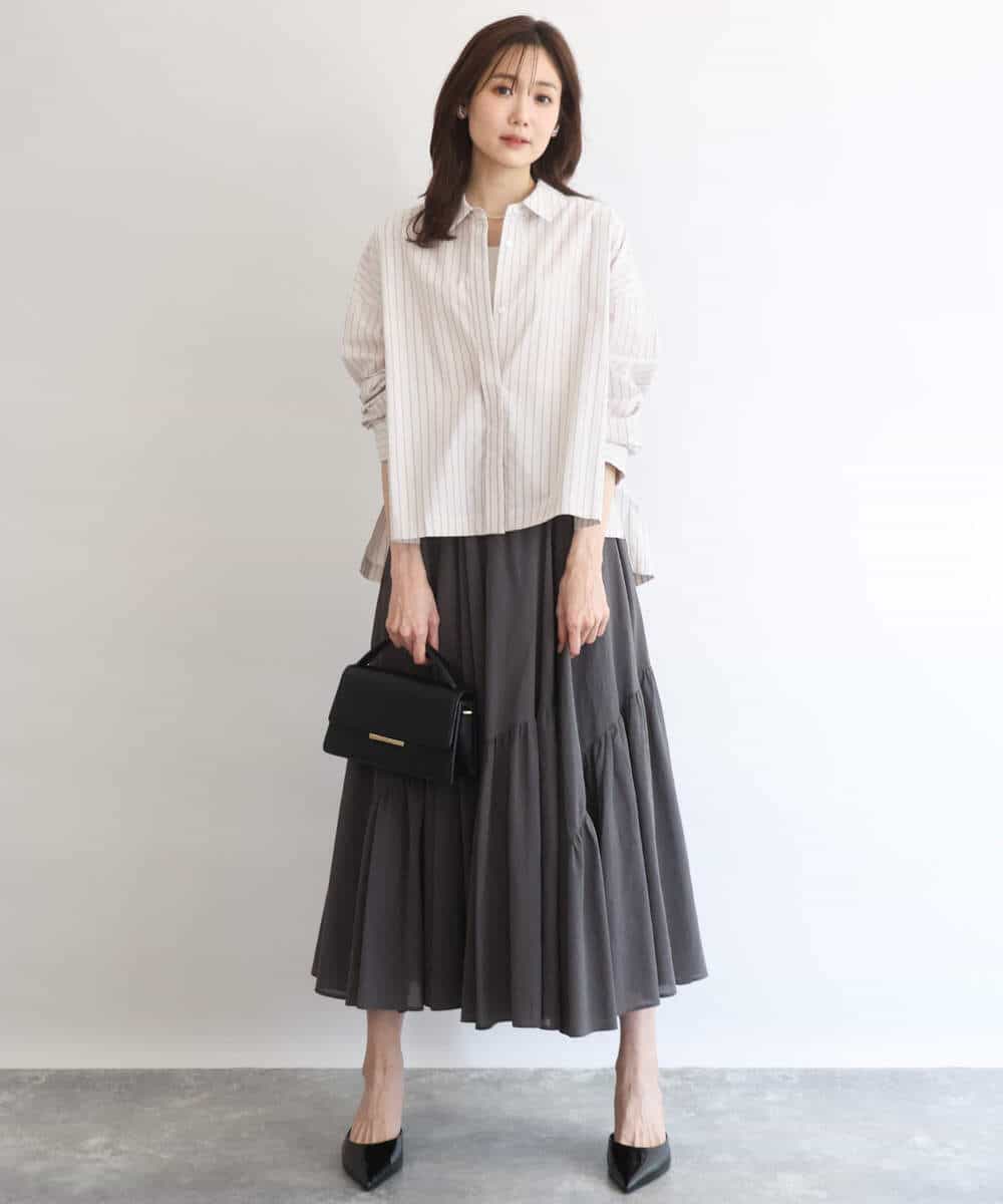 FUBGD02130 MK MICHEL KLEIN(MK ミッシェルクラン) クロップド丈コットンストライプシャツブラウス/洗える ベージュ