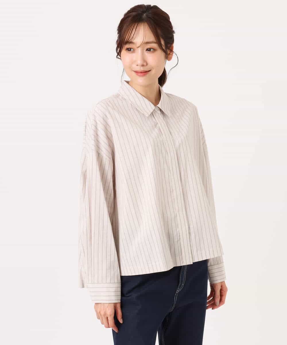 FUBGD02130 MK MICHEL KLEIN(MK ミッシェルクラン) クロップド丈コットンストライプシャツブラウス/洗える ベージュ