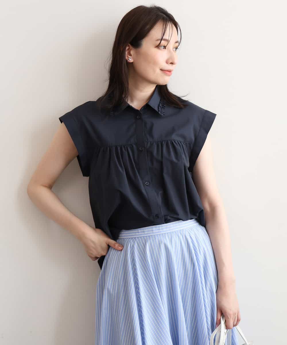 FUBGD83130 MK MICHEL KLEIN(MK ミッシェルクラン) [洗える]フリルネックデザインコットン混シャツブラウス ネイビー