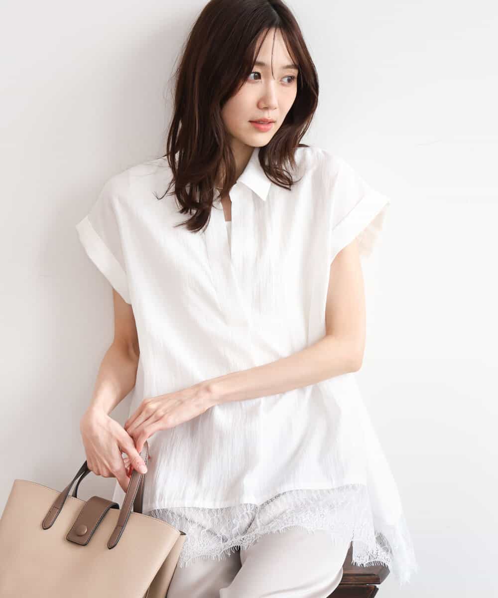 FUBHD60130 MK MICHEL KLEIN(MK ミッシェルクラン) [洗える]裾レースデザインスキッパーシャツブラウス アイボリー