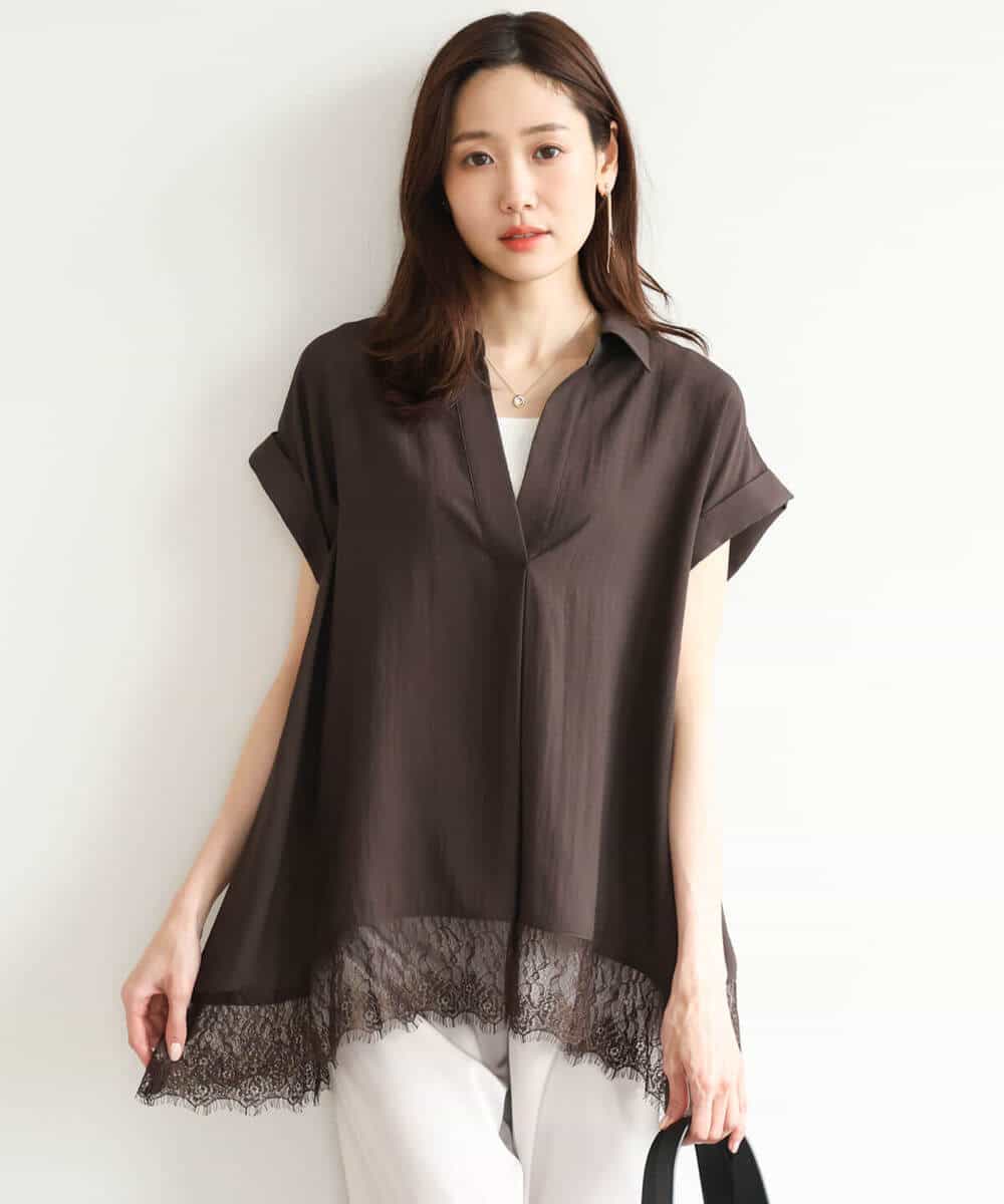 FUBHD60130 MK MICHEL KLEIN(MK ミッシェルクラン) [洗える]裾レースデザインスキッパーシャツブラウス アイボリー