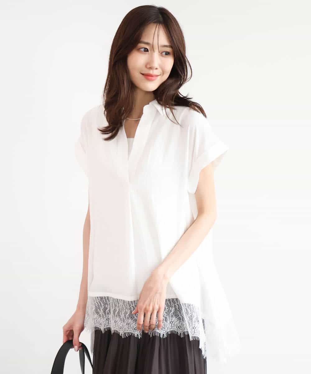 FUBHD60130 MK MICHEL KLEIN(MK ミッシェルクラン) [洗える]裾レースデザインスキッパーシャツブラウス アイボリー