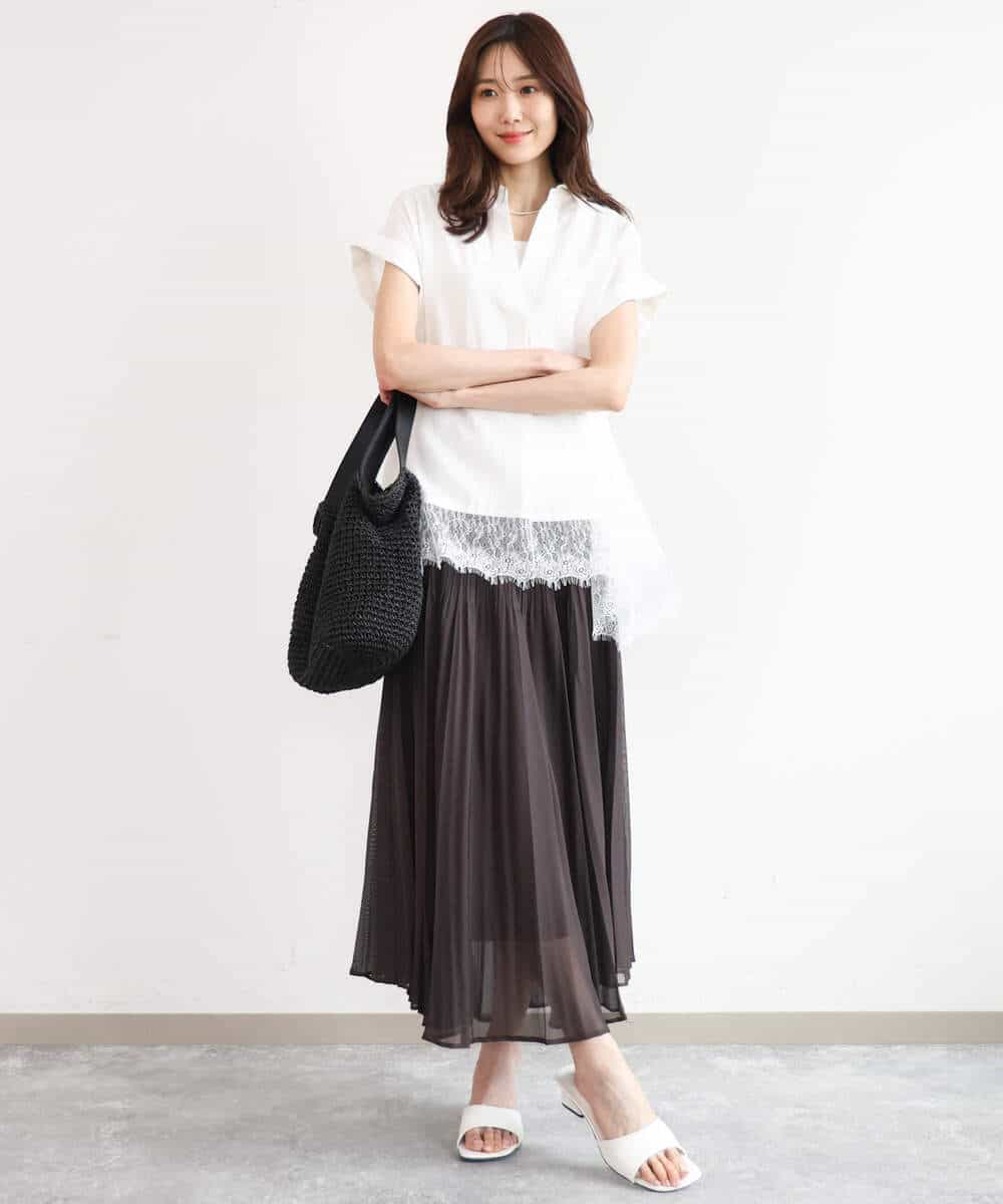 FUBHD60130 MK MICHEL KLEIN(MK ミッシェルクラン) [洗える]裾レースデザインスキッパーシャツブラウス アイボリー