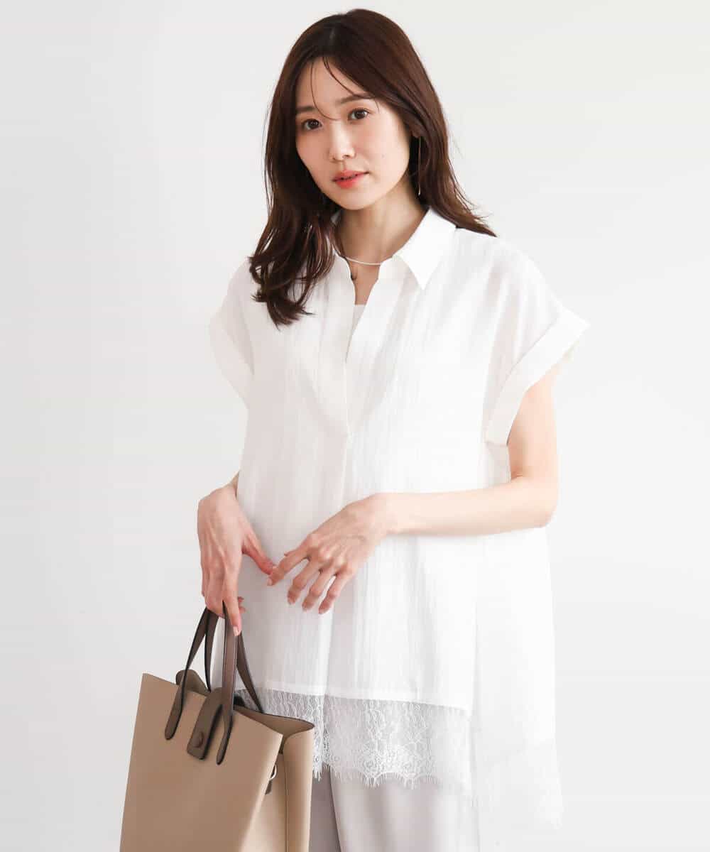 FUBHD60130 MK MICHEL KLEIN(MK ミッシェルクラン) [洗える]裾レースデザインスキッパーシャツブラウス アイボリー