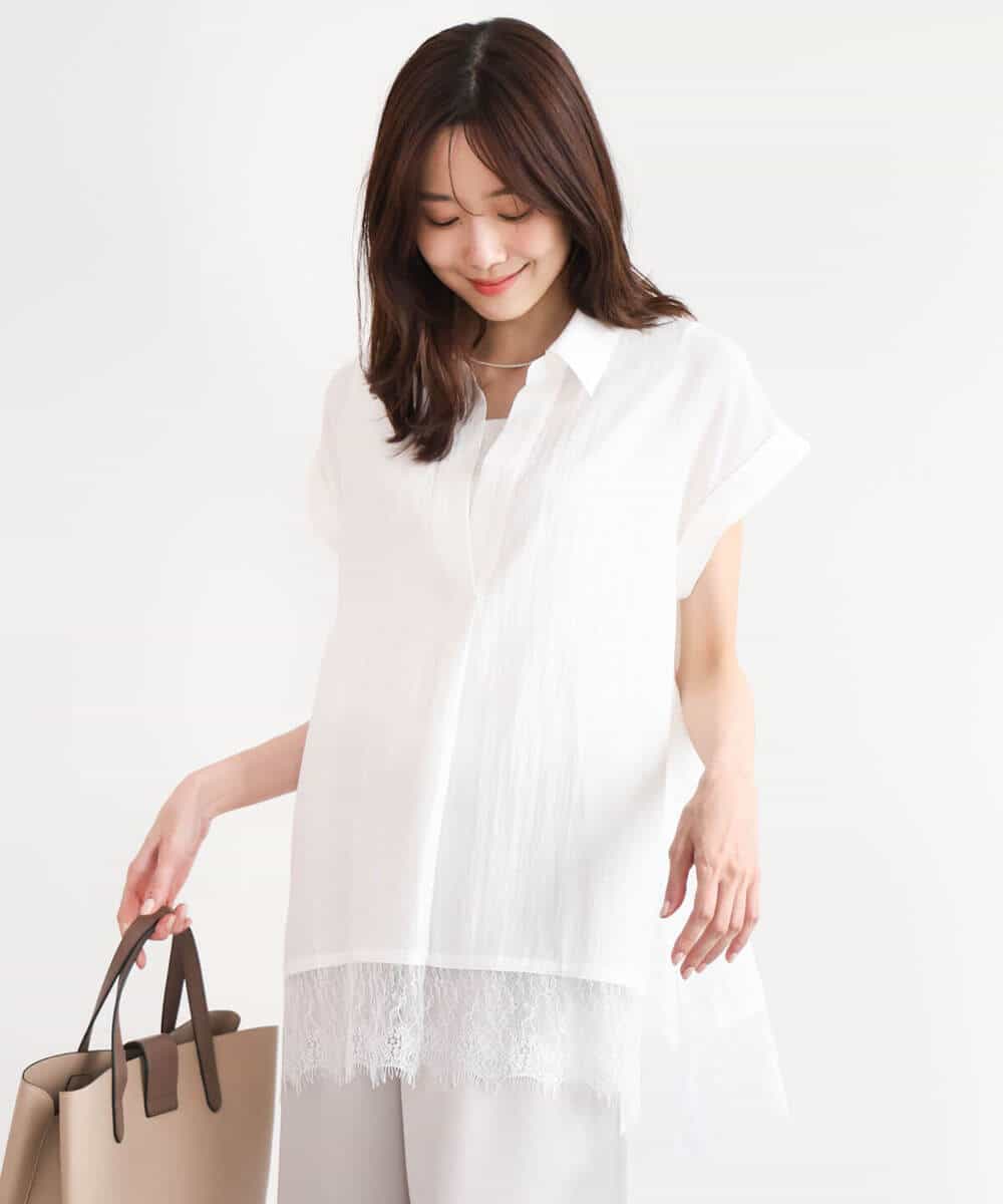FUBHD60130 MK MICHEL KLEIN(MK ミッシェルクラン) [洗える]裾レースデザインスキッパーシャツブラウス アイボリー