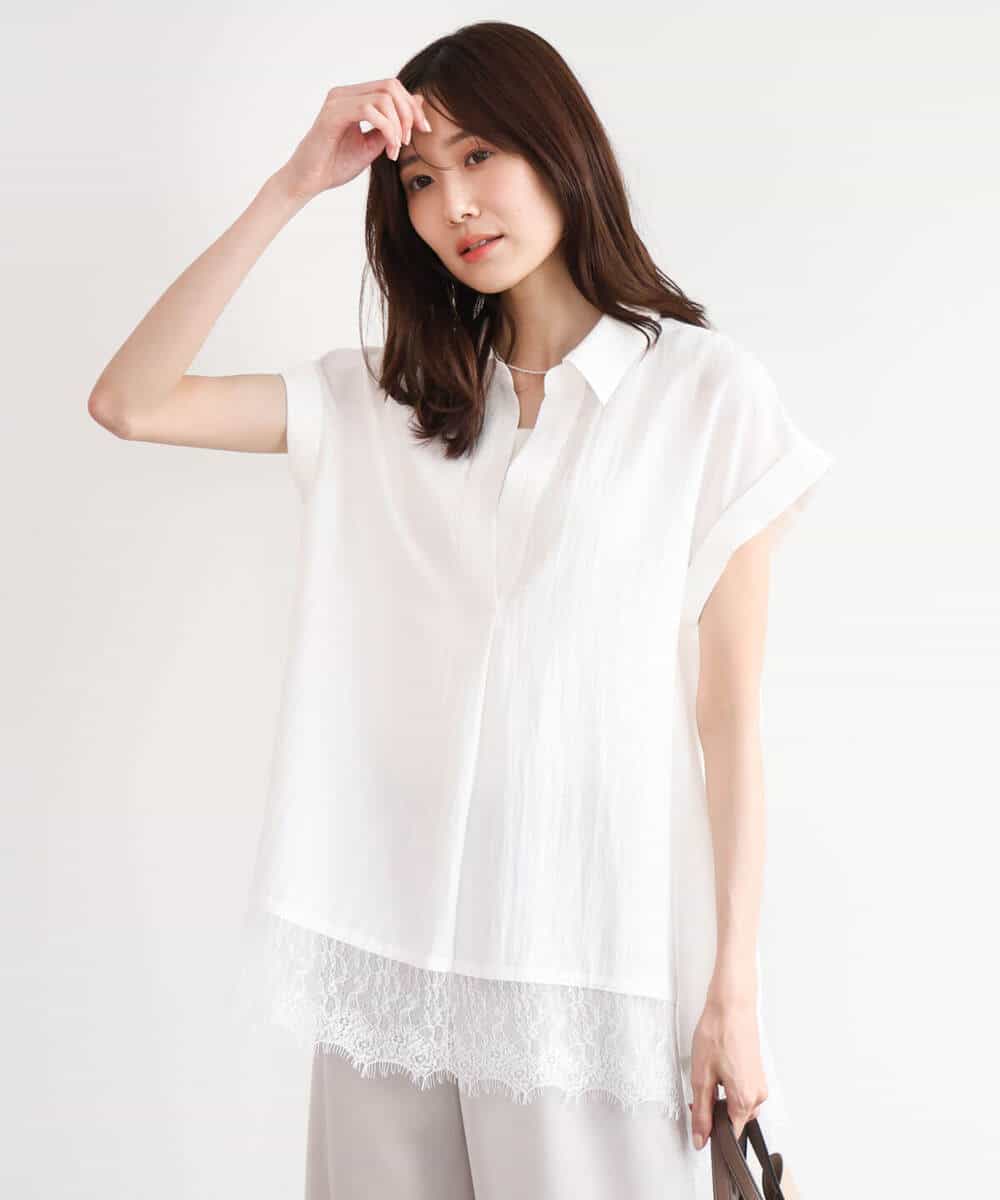FUBHD60130 MK MICHEL KLEIN(MK ミッシェルクラン) [洗える]裾レースデザインスキッパーシャツブラウス アイボリー