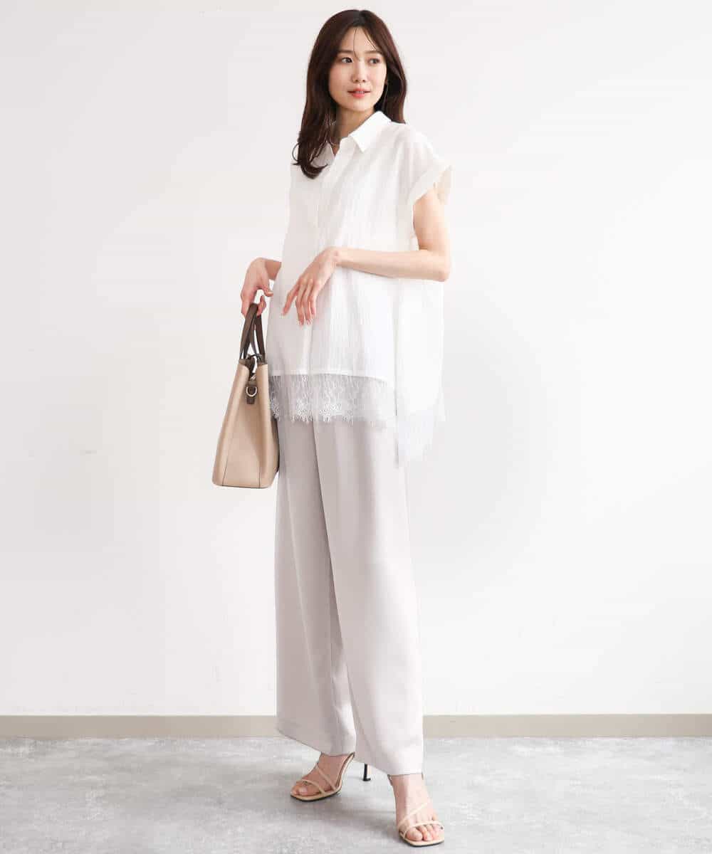 FUBHD60130 MK MICHEL KLEIN(MK ミッシェルクラン) [洗える]裾レースデザインスキッパーシャツブラウス アイボリー