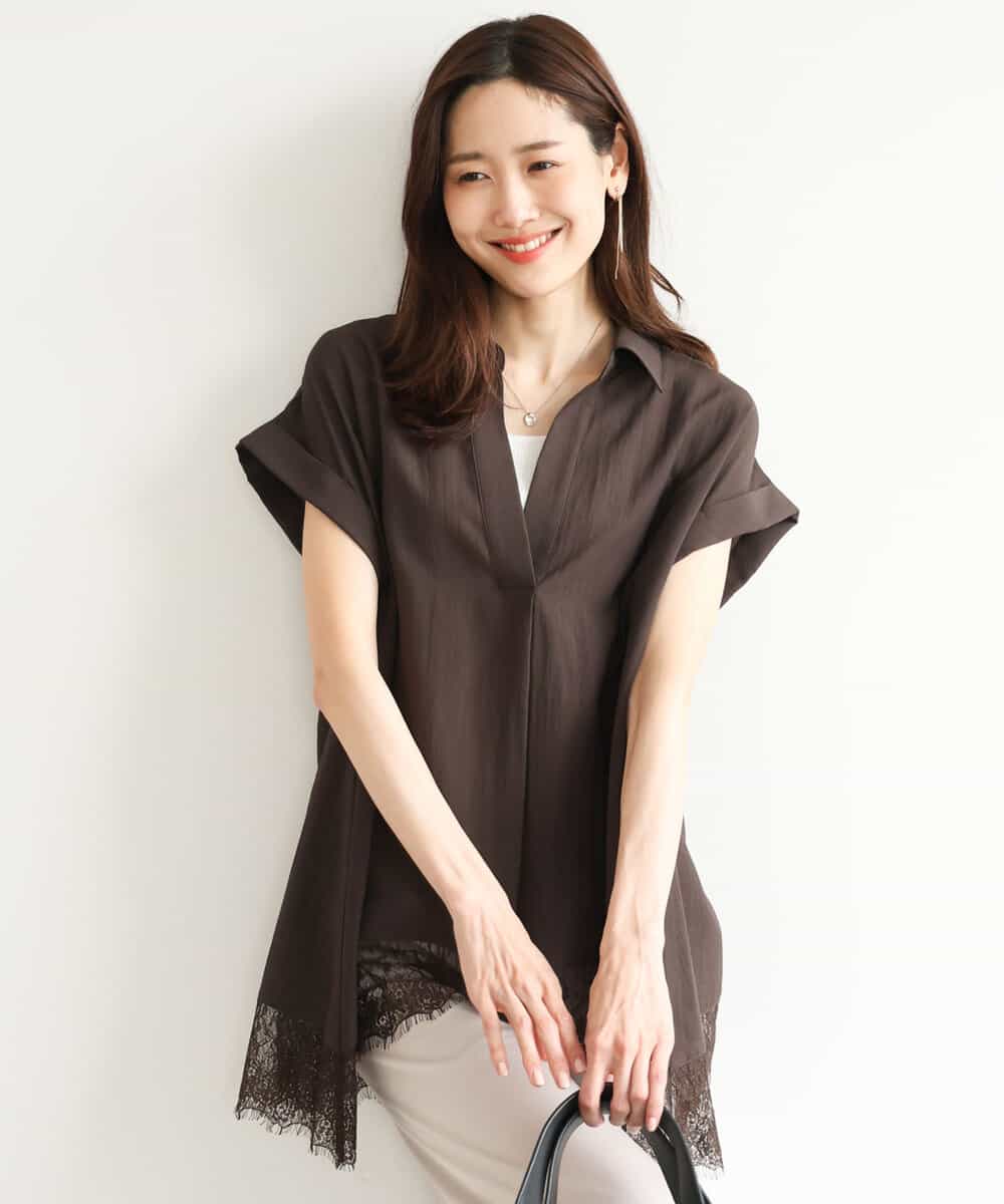 FUBHD60130 MK MICHEL KLEIN(MK ミッシェルクラン) [洗える]裾レースデザインスキッパーシャツブラウス ブラウン