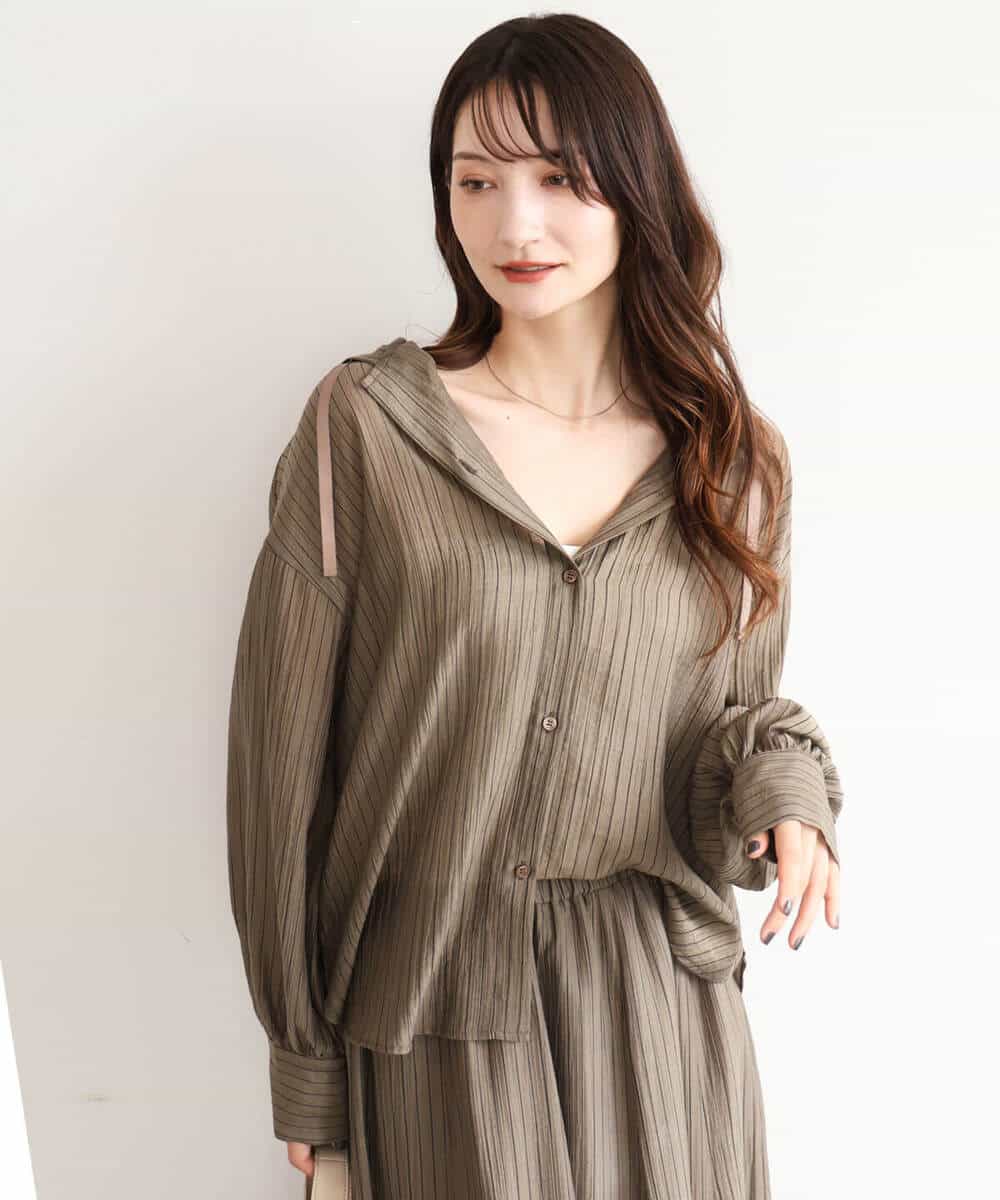 FUBJD21150 MK MICHEL KLEIN(MK ミッシェルクラン) [洗える]シアーストライプ フーディーシャツブラウス ベージュ