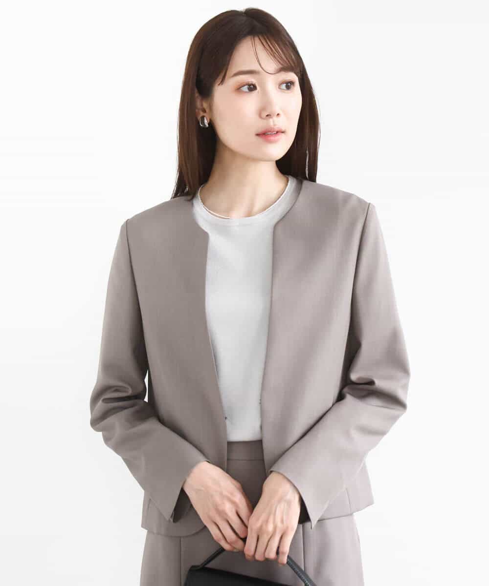 FUDJA01210 MK MICHEL KLEIN(MK ミッシェルクラン) メランジ調ノーカラージャケット/セットアップ対応/洗える モカ