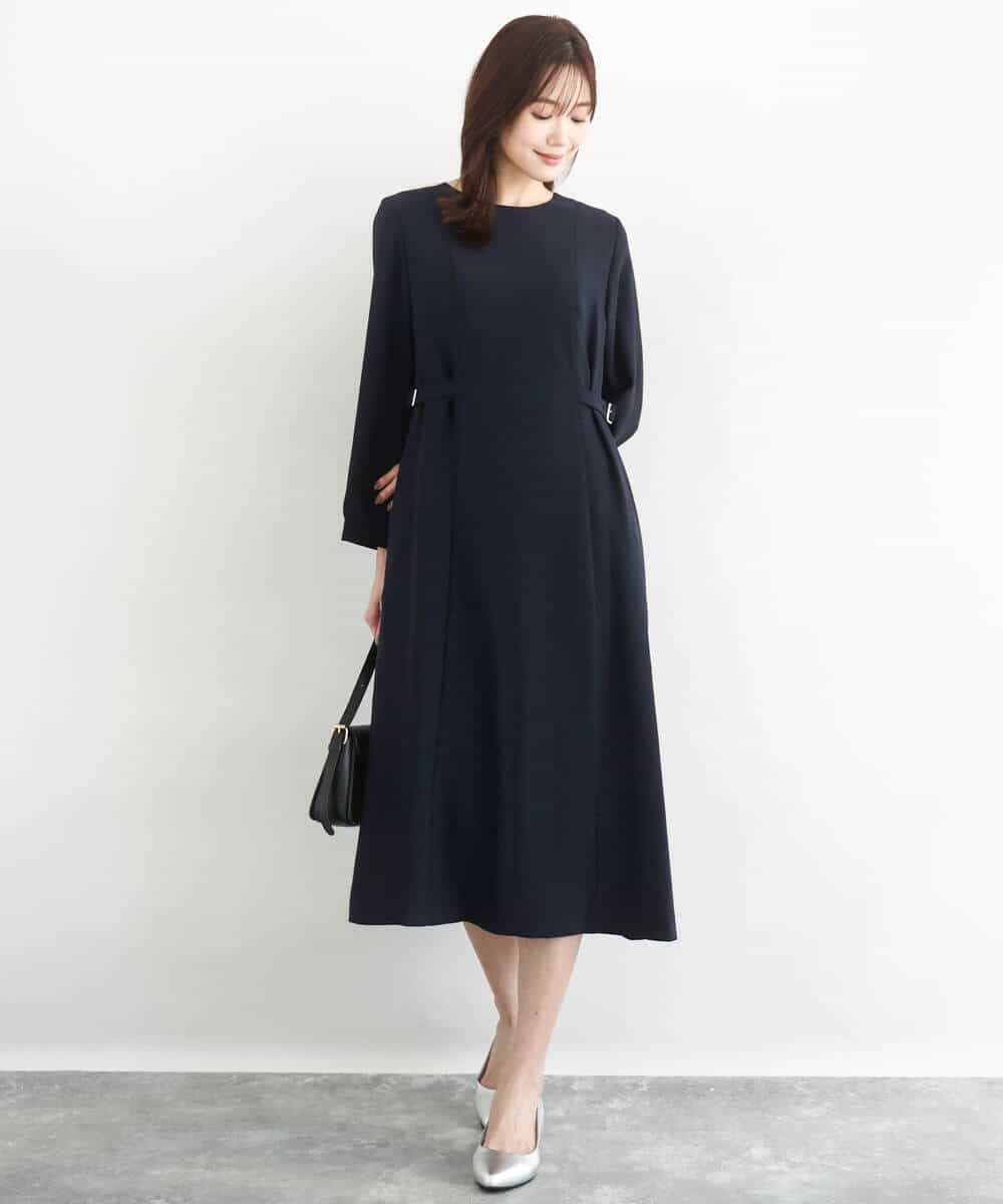 FUEDD04230 MK MICHEL KLEIN(MK ミッシェルクラン) サテンジョーゼット サイドベルトワンピース/洗える ネイビー