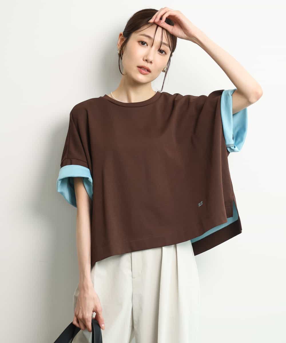 FUKJD10110 MK MICHEL KLEIN(MK ミッシェルクラン) [洗える]配色デザイン コットン混カットソー ブラウン