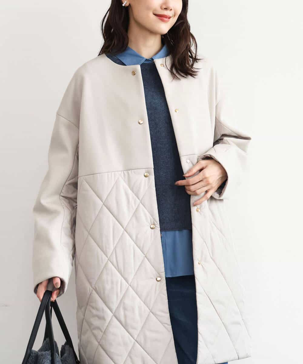 FUVAG40220 MK MICHEL KLEIN(MK ミッシェルクラン) キルティング切替え中綿ロングコート ベージュ