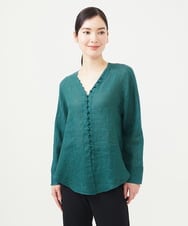 GBBGA22300 Sybilla(シビラ) ムラ染めリネンボタンブラウス ディープグリーン