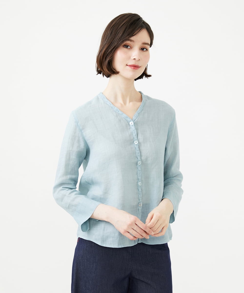 GBBGD33270 Sybilla(シビラ) ツイストVネックリネンブラウス ライトブルー