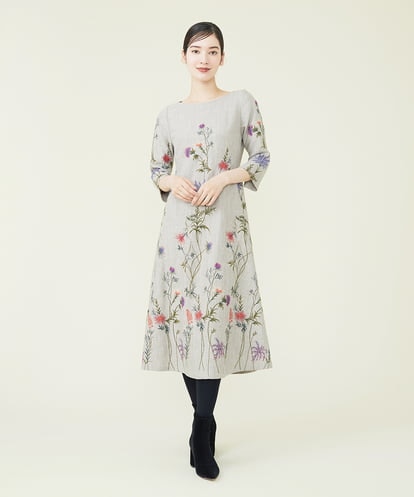 GBEAS18990  リネンウールフラワー刺繍ドレス