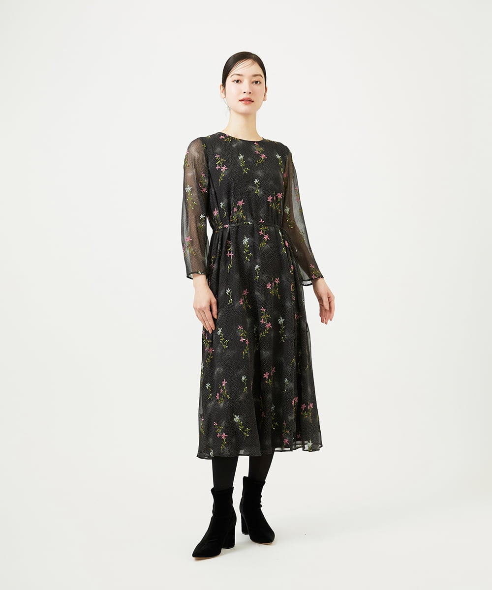 GBEED01900 Sybilla(シビラ) ドットフラワー刺繍ドレス ブラック