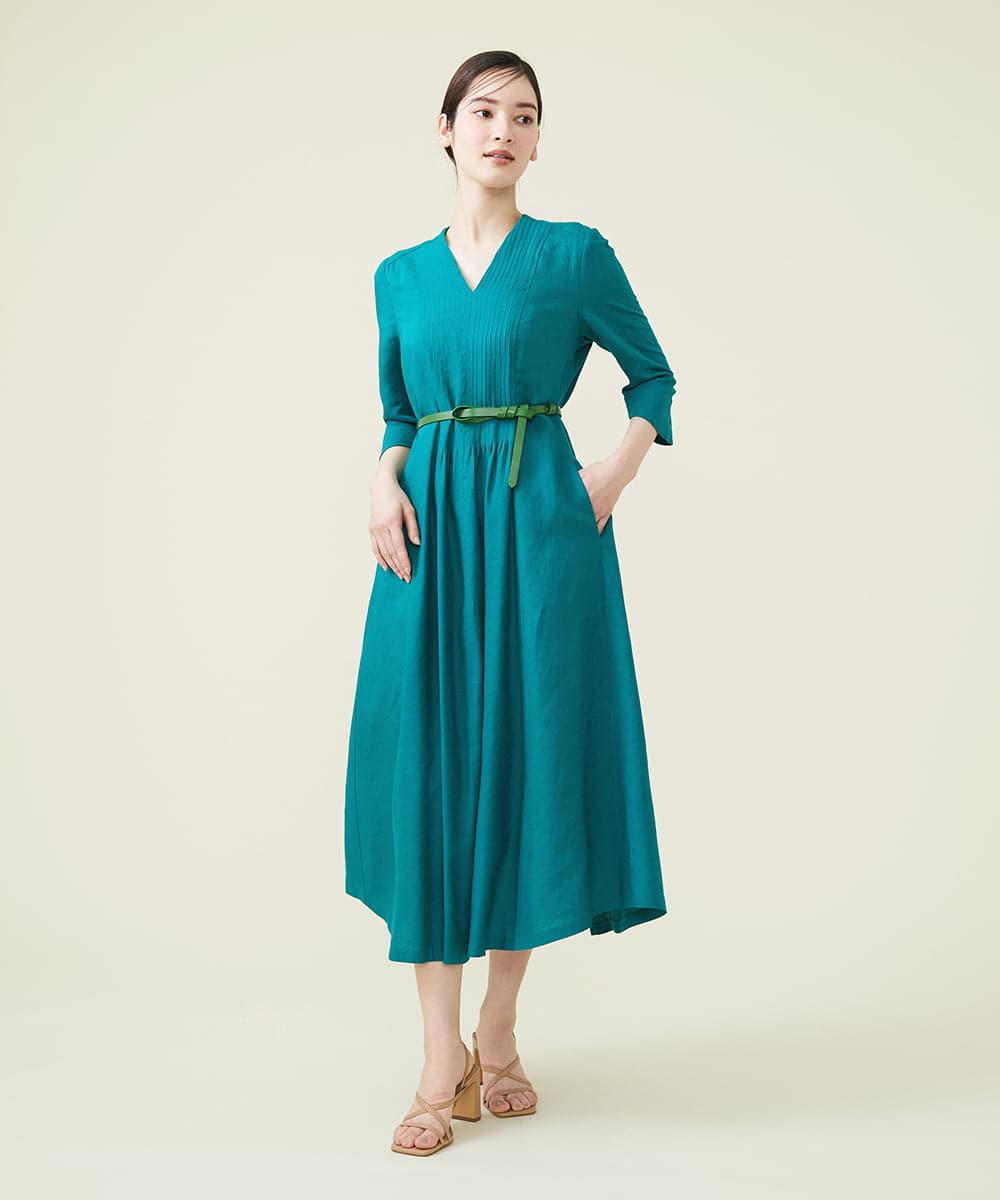 GBEGS11500 Sybilla(シビラ) リネンレーヨンベルト付きドレス ブルーグリーン