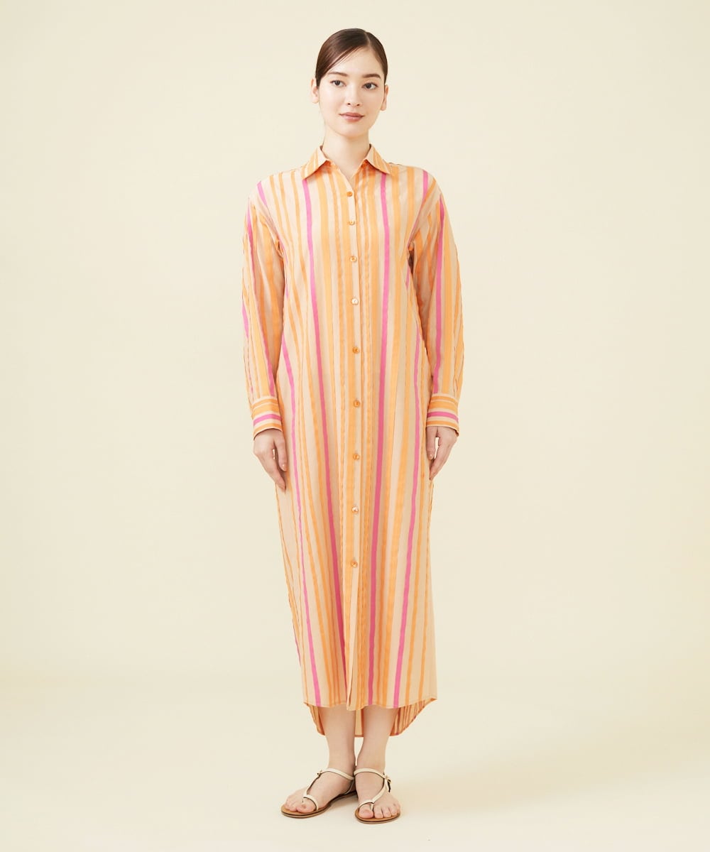 GBEHV24990 Sybilla(シビラ) 【ドラマ着用】リボンストライプシャツドレス オレンジ系