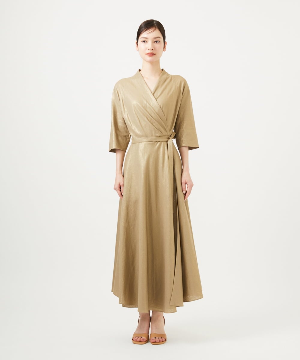 GBEJA07900 Sybilla(シビラ) 【メディア着用】メタリックリネンカシュクールドレス ゴールド