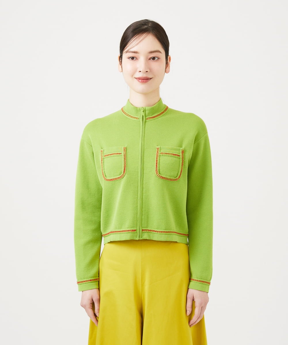 GBFEE04450 Sybilla(シビラ) 配色ステッチジップアップカーディガン グリーン