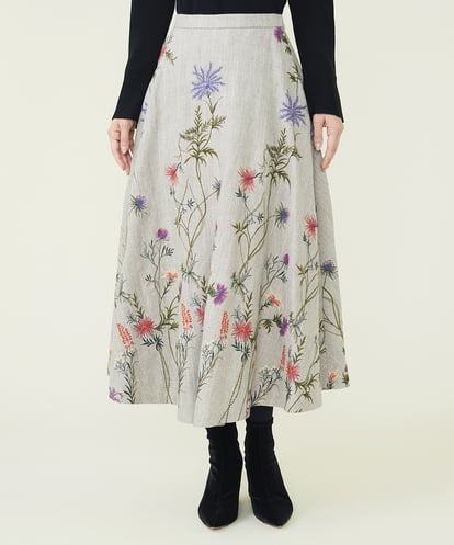 GBHAS18700 Sybilla リネンウールフラワー刺繍スカート