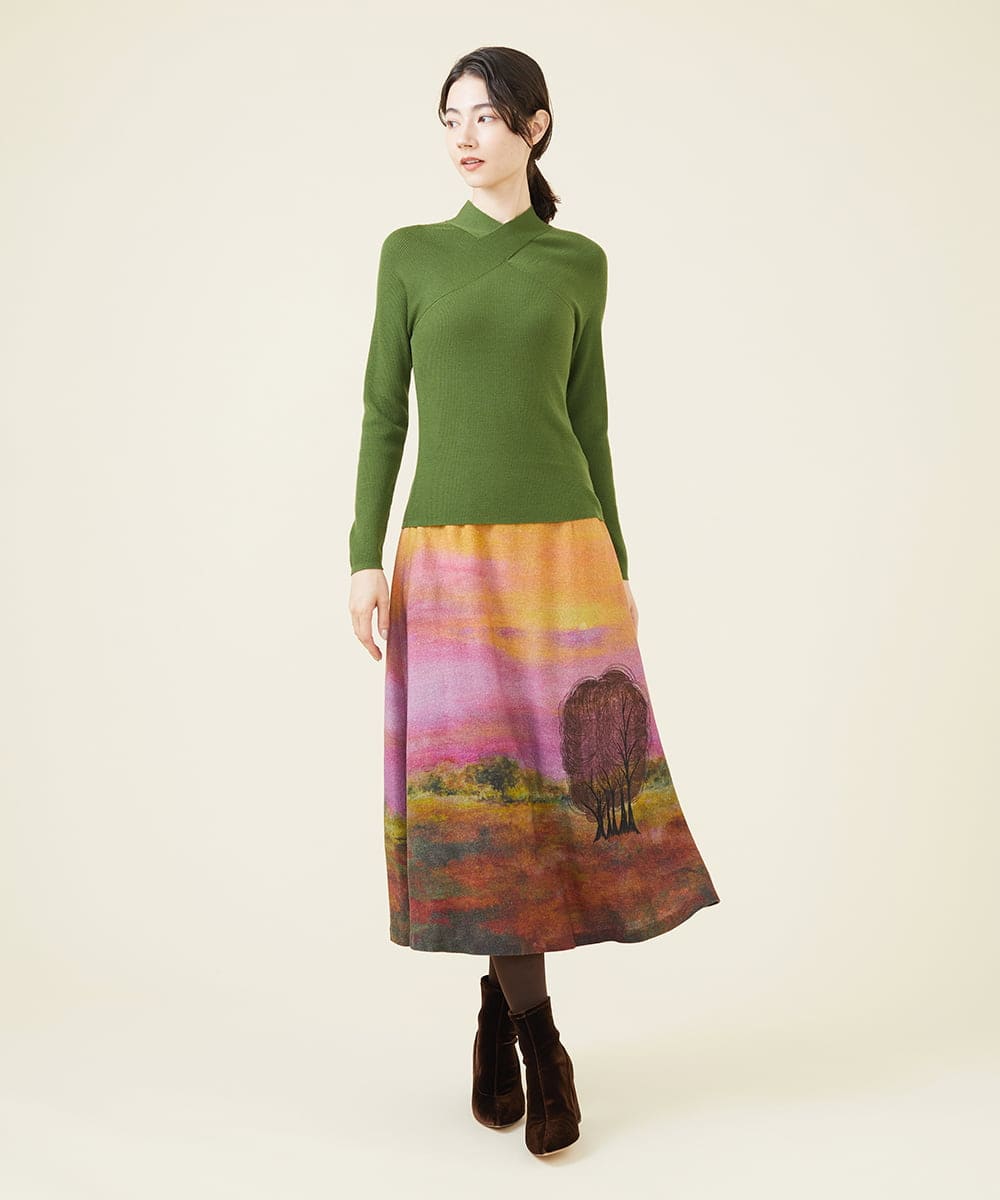 サンセットプリント刺繍ウールスカート(ミモレ丈スカート) | Sybilla