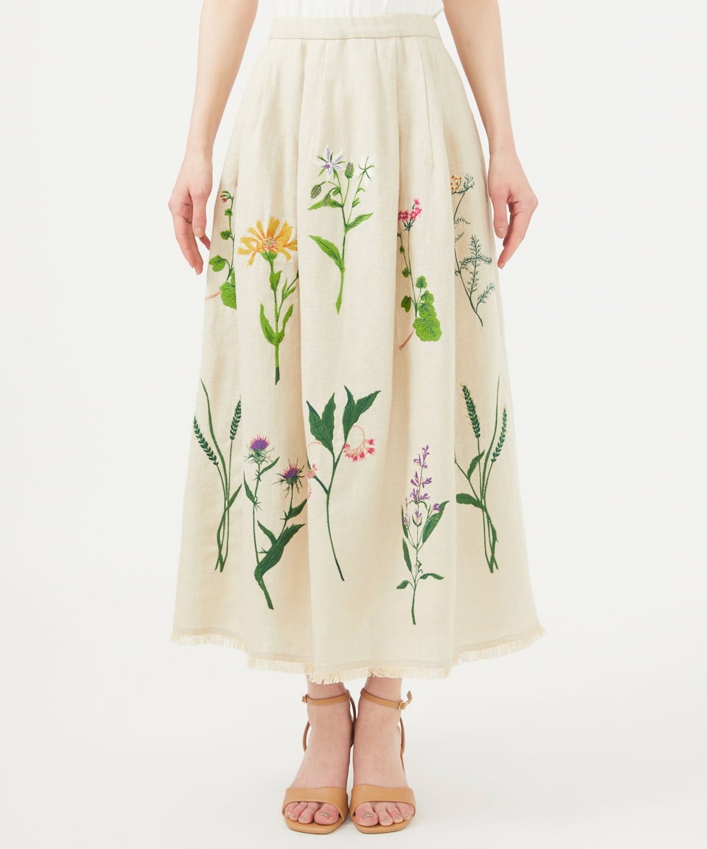 GBHGA01790 Sybilla(シビラ) 先染めリネン刺繍スカート ベージュ